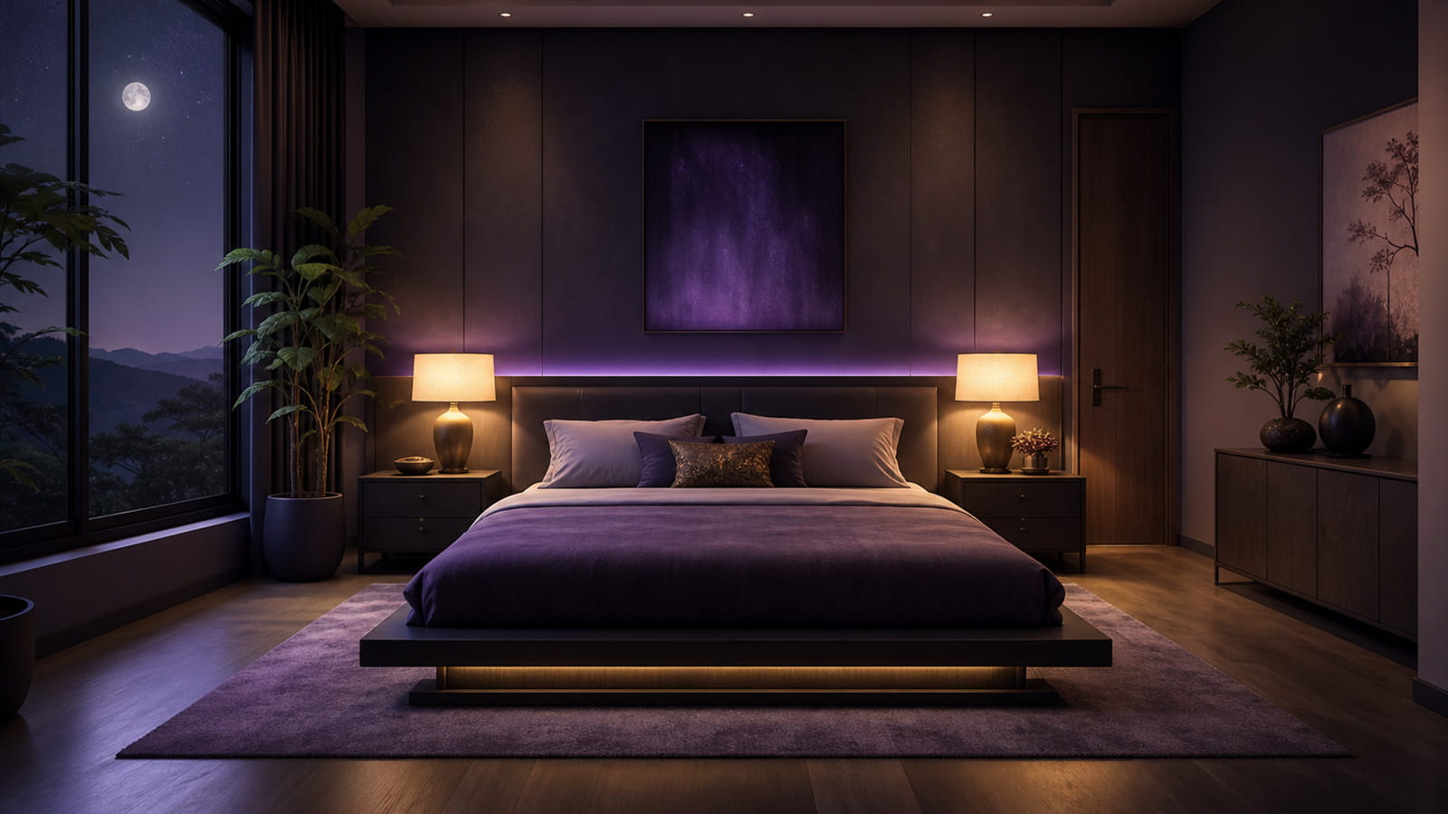 Calm Feng Shui bedroom with soft purple and gold ambient lighting