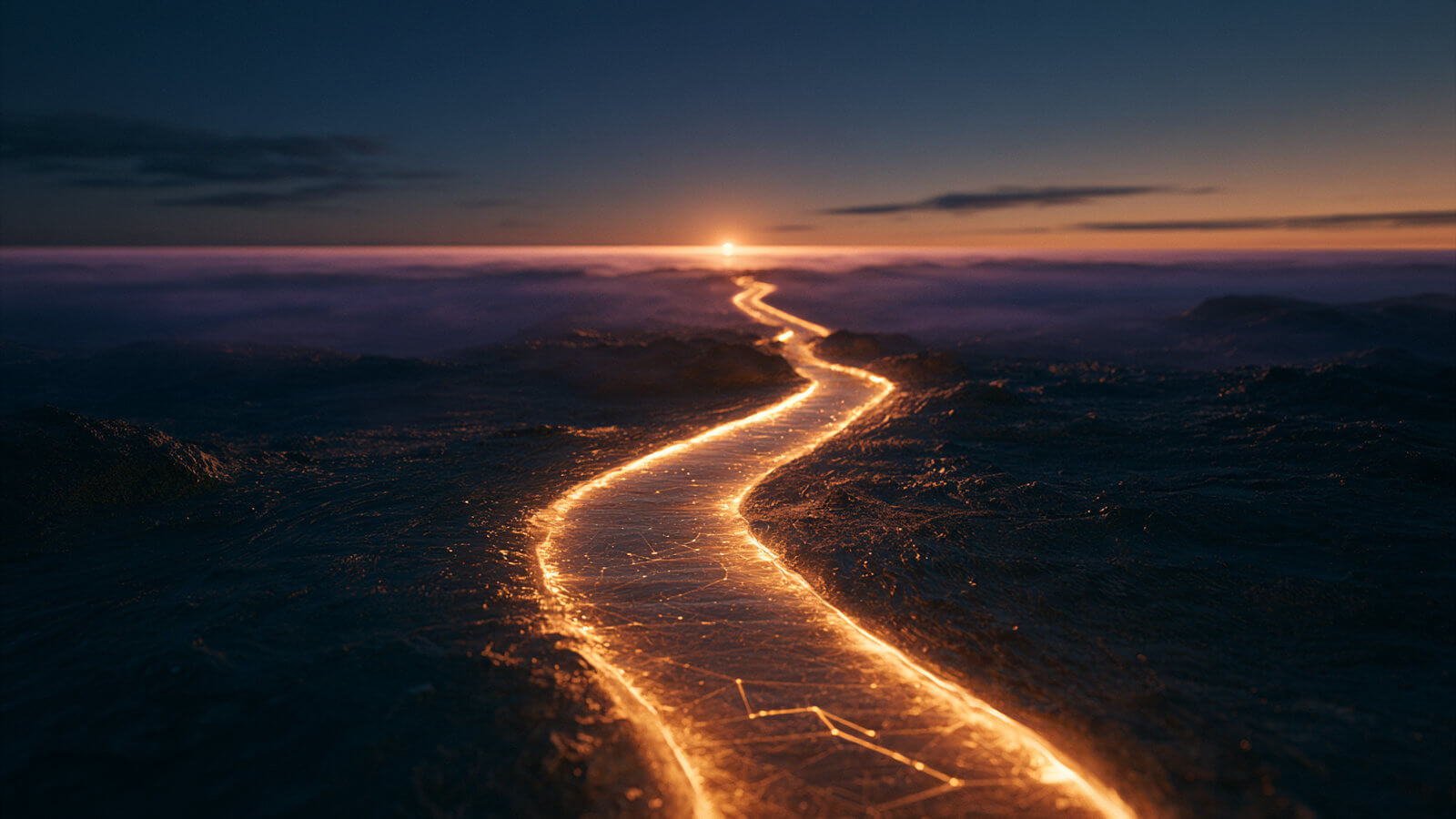 Glowing golden path through a cosmic landscape suggesting a life journey