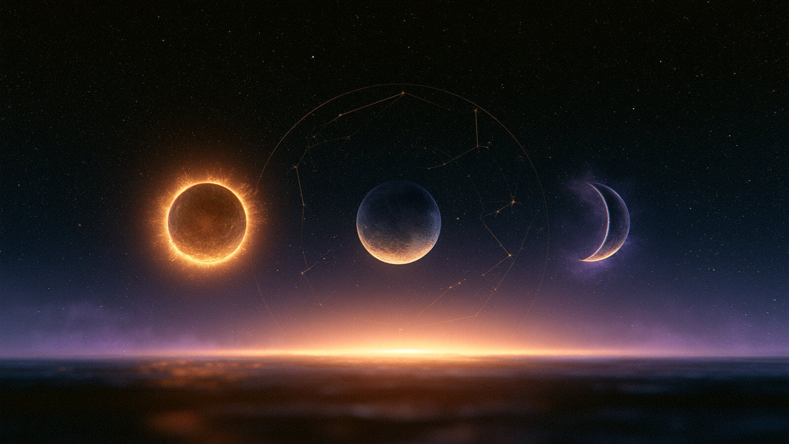 Sun, Moon and rising sign symbols for the astrology Big 3