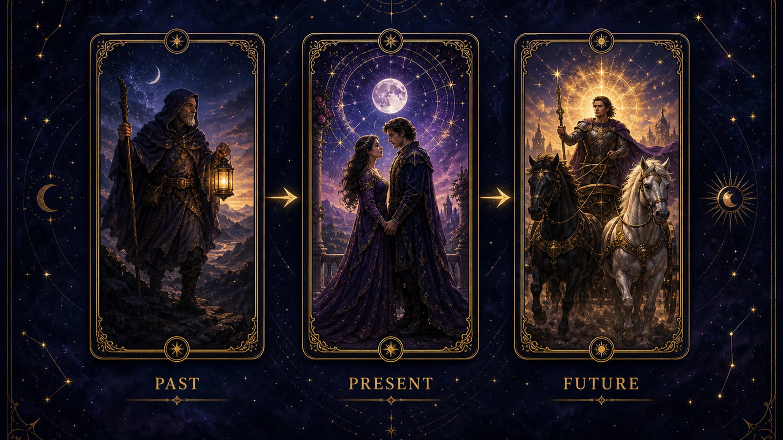 Past Present Future tarot spread guide: three cards on a cosmic background