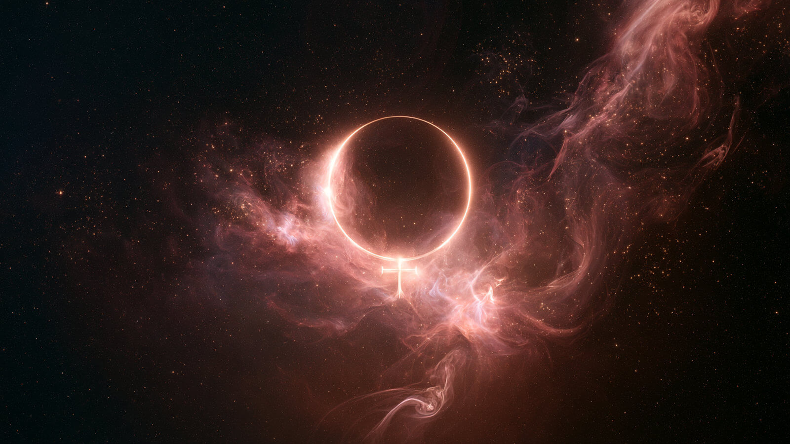 Venus planetary symbol glowing in soft rose-gold cosmic light