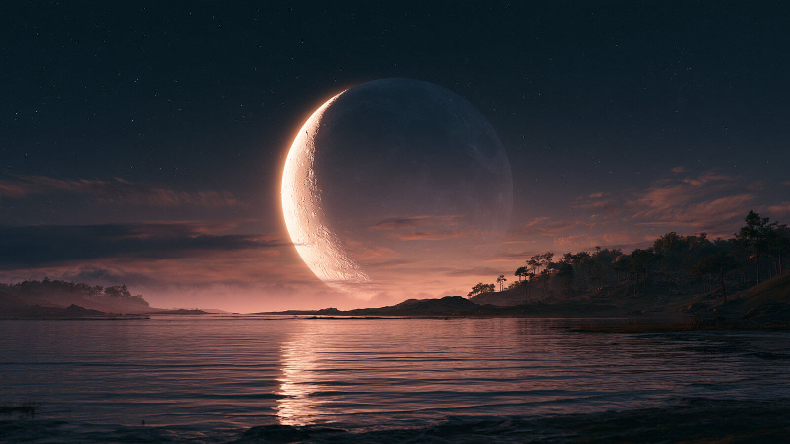 Luminous crescent moon over a calm night landscape