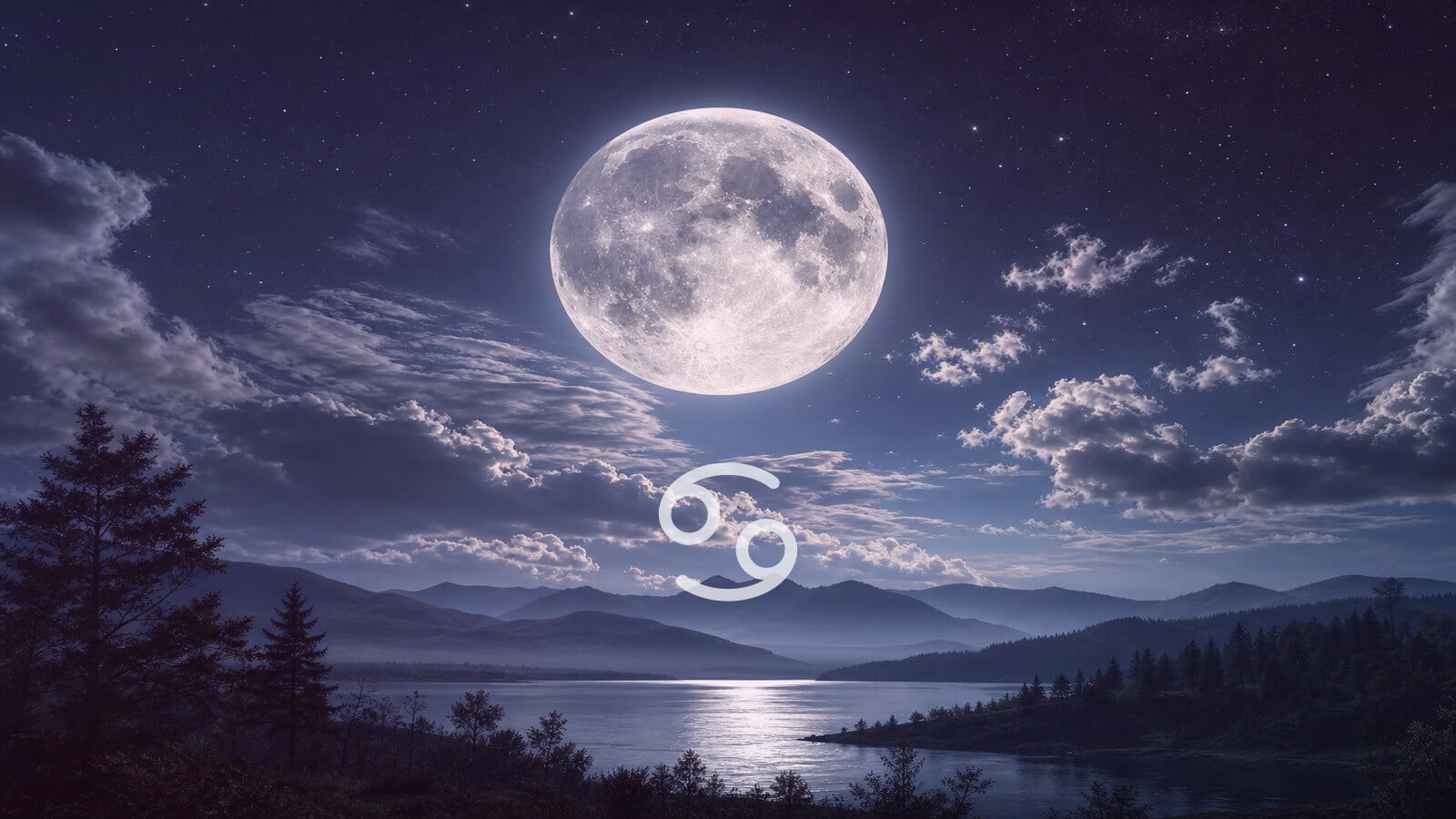 Full moon over a calm lake at night, Cancer water sign variant